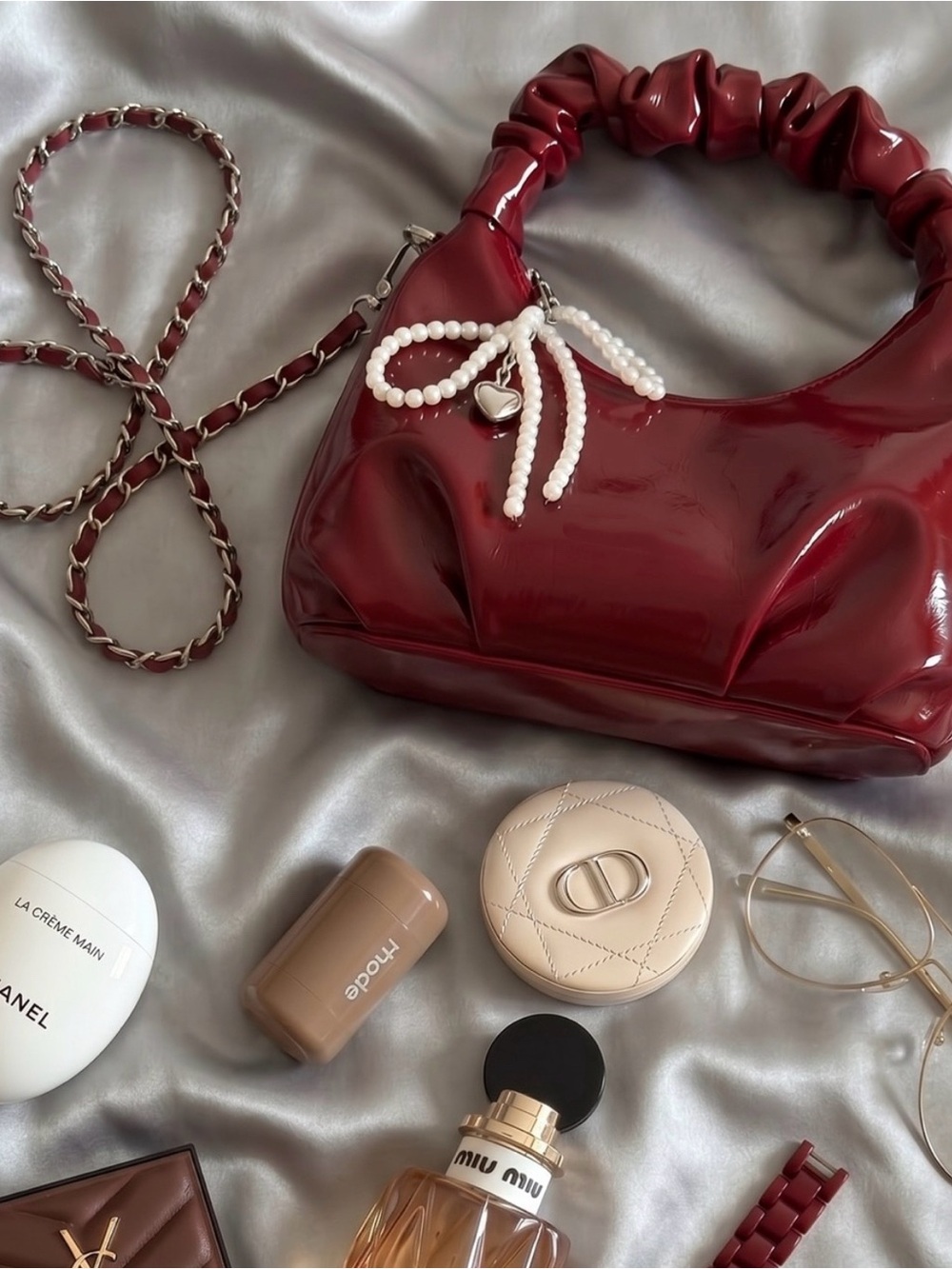 Bright Deep Red Patent Scrunch-Handle Shoulder Bag with Pearl Charm